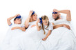 © LIGHTFIELD STUDIOS - upset sick family with temperature holding ice packs on heads, isolated on white