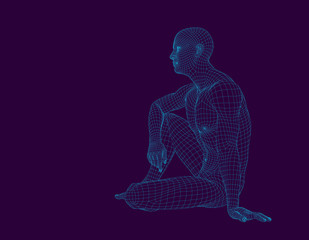 man sitting on the ground. wireframe human body. vector illustration.