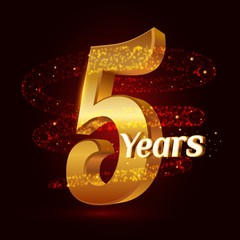 Wall Mural - 5 years golden anniversary 3d logo celebration with glittering spiral star dust trail sparkling particles. Five years anniversary modern design elements. Vector Illustration.