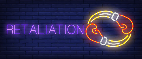 Retaliation neon text with two boxing gloves. Boxing club and advertisement design. Night bright neon sign, colorful billboard, light banner. Vector illustration in neon style.