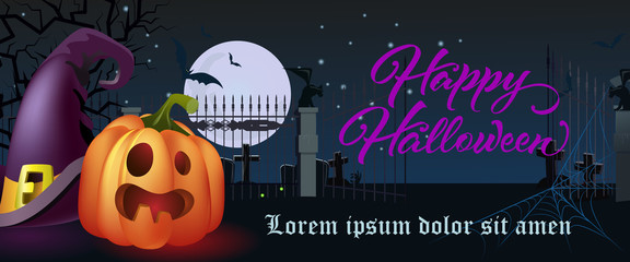 Happy Halloween lettering. Witch hat and pumpkin on graveyard at night. Halloween background. Vector illustration can be used for posters, flyers, greeting cards, websites