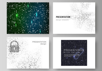 The minimalistic abstract vector layout of the presentation slides design business templates. Binary code background. AI, big data, coding or hacker concept, digital technology background.