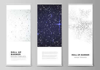 The vector layout of roll up banner stands, vertical flyers, flags design business templates. Binary code background. AI, big data, coding or hacker concept, digital technology background.