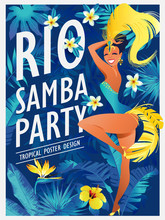 Happy Girl Dancing Samba, Beautiful Brazilian Woman In Festive Costume With Bright Plumage Vector Illustration On A Jungle Background.