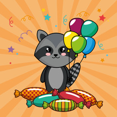 Poster - happy birthday card with cute raccoon