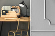 Gold chair at wooden desk with lamp and organiser in grey workspace interior. Real photo