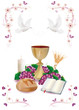 Isolated Christian symbols with golden chalice-bread-bible-grapes-candle-where-ears of wheat-pink ornaments flower and butterflies