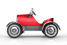 3d Rendering Side View Of Red Retro Pedals Car Isolated On White Background With Clipping Paths.