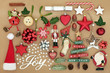 © marilyn barbone - Christmas joy sign with retro tree bauble decorations, winter flora, food  and traditional symbols. Festive card for the holiday season. Top view.