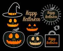 Set Dark Jack Lantern Pumpkin Happy Halloween Jackolantern. Vector Illustration Isolated On Black Background.