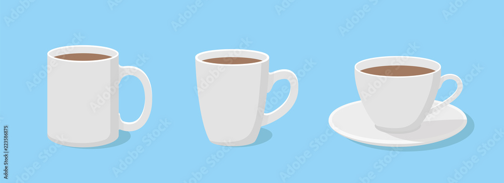 Coffee mug in flat style. A set of three cups - stock vector. - obrazy, fototapety, plakaty 