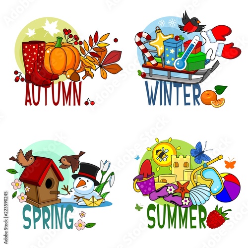 A Set Of Cartoon Illustrations Of Four Seasons Spring Winter Summer And Spring A Pumpkin With