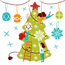 Small People Characters Decorating Christmas Tree. New Year Decoration. Fantasy Little People In Giant World Flat Cartoon Style Hand Drawn Vector Illustration