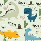 Fototapeta Dinusie - childish dinosaur seamless pattern for fashion clothes, fabric, t shirts. hand drawn vector with lettering
