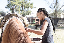 Woman Adjusting Horse Bridle While On Barn