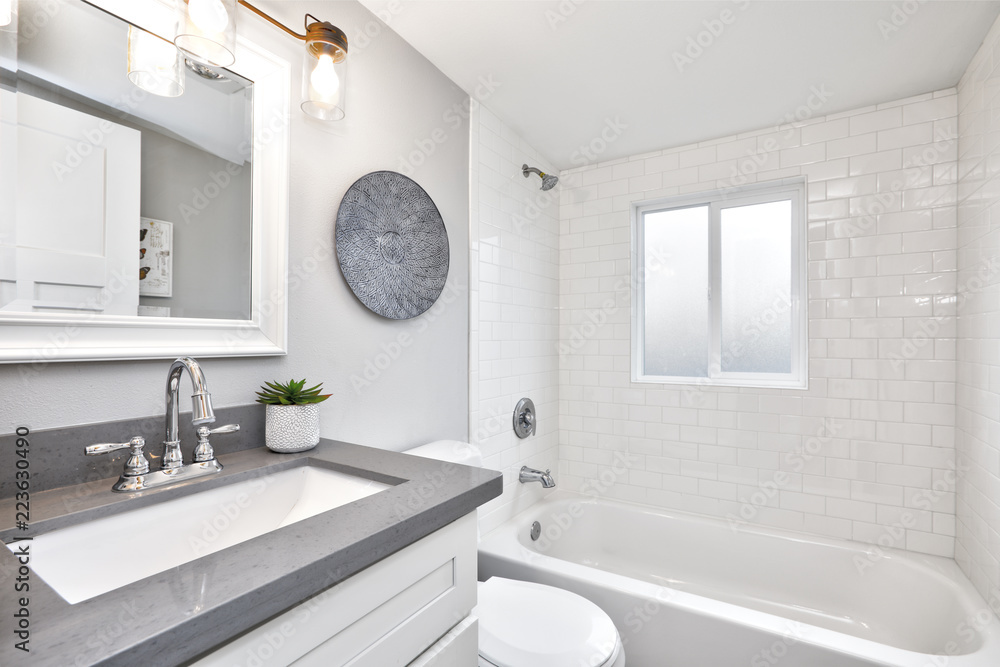 Modern bathroom interior with white vanity topped with gray countertop - obrazy, fototapety, plakaty 