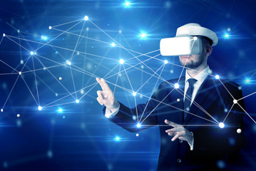 businessman in virtual reality goggles investigate global network connectivity concept