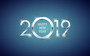 Wall Mural - Silver Happy new year 2019 with glowing glitter on blue color background
