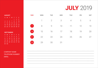 July 2019 desk calendar vector illustration