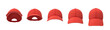 © gearstd - 3d rendering of five red baseball caps shown in one line in a front view but in different angles.