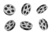 3d Rendering Of Six Black Movie Tape Reels In Different Angles On White Background.