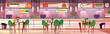Food court in mall shop vector illustration of cafe interior. Sushi, pizza and fast food burgers cafeteria in trade store with tables and chairs at counters