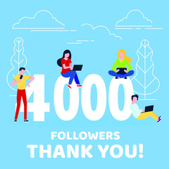 Thank you 4000 followers numbers postcard. People man, woman big numbers flat style design 4k thanks vector illustration isolated on confetti background. Template for internet media and social network