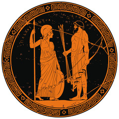 Wall Mural - Image on the bottom of the vase the hero of the ancient Greek myths and the inscription Athena Pallada and Odysseus. Warriors with a weapon.