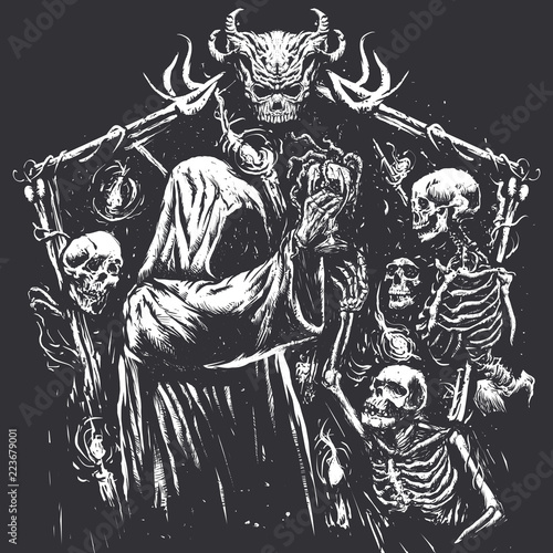 Cuadros en Lienzo Wizards and goblet with tentacles on dark background.