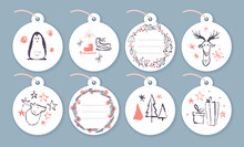 Vector Collection Of Christmas Cards, Gift Tags And Badges Isolated On Light Background. Emblems For Xmas Holiday Presents Packaging In Hand Drawn Sketch Style. Penguin, Skates, Deer, Bear, Fir Tree.