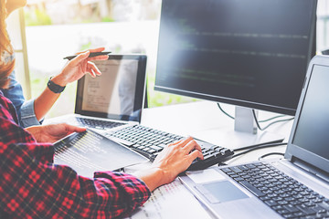 Wall Mural - programmer working in a software development and coding technologies. website design.technology conc