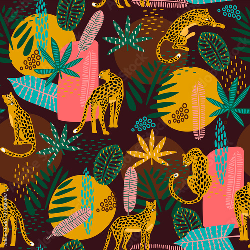 Fotomural Vestor seamless pattern with leopards and abstract tropical leaves
