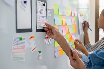 Wall Mural - Creative Web Designer planning application and developing template layout, framework for mobile phone. User experience (UX) concept.