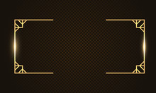 Gold Rectangle Luxury Glow Thin Line Box, Frame, Border, Decorative Design Elements. Horizontal Banner With Golden Bokeh Isolated On Dark, Black Background. Vector Background For Information, Text. 