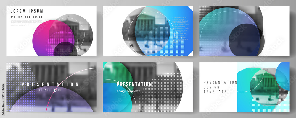 The minimalistic abstract vector illustration of the editable layout of the presentation slides design business templates. Creative modern bright background with colorful circles and round shapes. - obrazy, fototapety, plakaty 