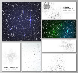 The minimalistic abstract vector layouts of modern social network mockups in popular formats. Binary code background. AI, big data, coding or hacker concept, digital technology background.