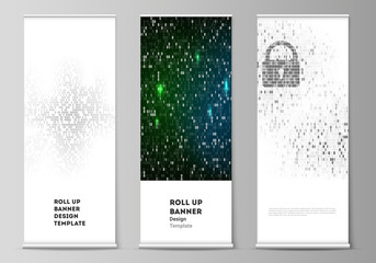 The vector layout of roll up banner stands, vertical flyers, flags design business templates. Binary code background. AI, big data, coding or hacker concept, digital technology background.
