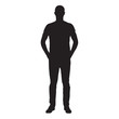 Man dressed in jeans and shirt standing with hands in pockets, front view isolated vector silhouette
