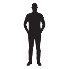 Man Dressed In Jeans And Shirt Standing With Hands In Pockets, Front View Isolated Vector Silhouette