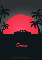 Wall Mural - Vintage Poster with old car. Sunset at the California. Palms and City Landscape. Vector illustration.