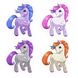 Little cute cartoon unicorn icons set. Vector fantasy pony.