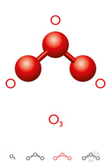 Wall Mural - ozone, o3, trioxygen, molecule model and chemical formula. inorganic pale blue gas with pungent smel