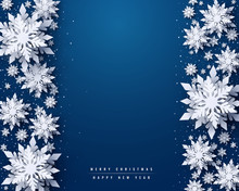 Vector Merry Christmas And Happy New Year Greeting Card Design With White Layered Paper Cut Snowflakes On Blue Background. Seasonal Christmas And New Year Holidays Paper Art Banner, Poster Template