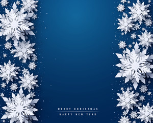 Wall Mural - vector merry christmas and happy new year greeting card design with white layered paper cut snowflak