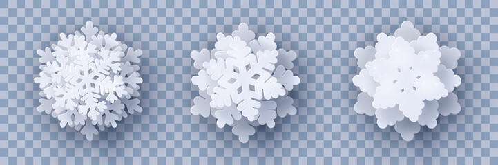 Wall Mural - vector set of 3 white christmas paper cut 3d layered snowflakes with shadow on transparency backgrou