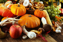Autumn Nature Concept. Fall Fruit And Vegetables On Wood. Thanksgiving Dinner