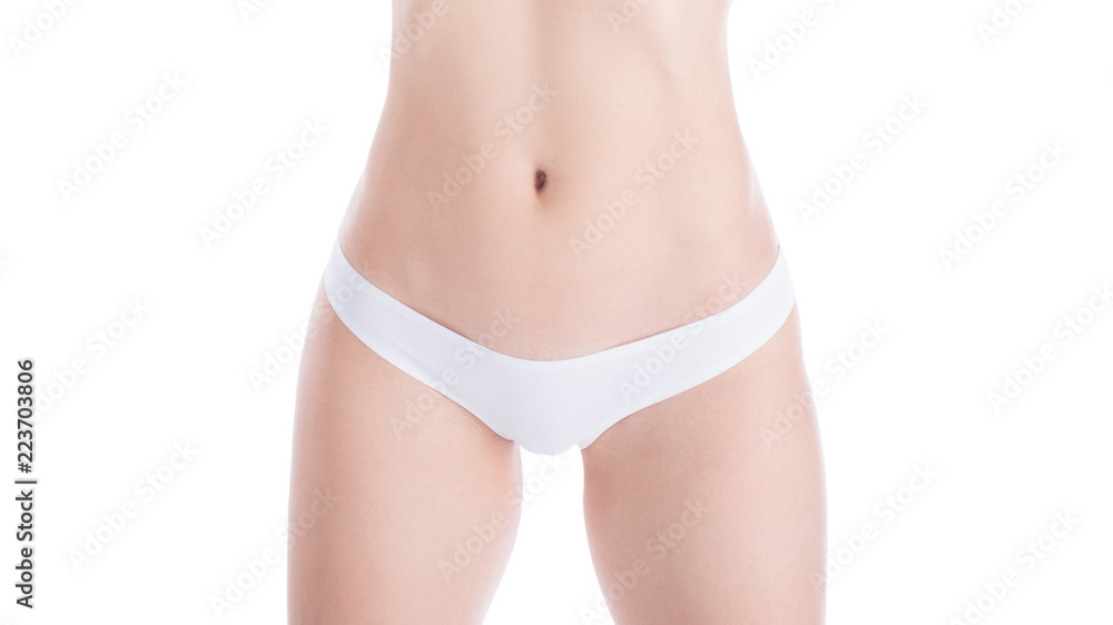 Female well groomed cropped hips in white base panties, isolated on white - obrazy, fototapety, plakaty 