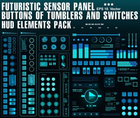 Futuristic sensor panel. Buttons of tumblers and switches. HUD elements pack.