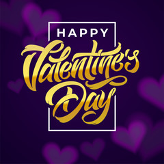 Wall Mural - Happy Valentine's Day brush calligraphy for greeting cards. Gold letters on dark purple background. Vector editable illustration. EPS10.