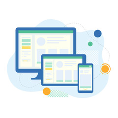 Computer, tablet and phone. Interface for different devices. Web site and application development. Illustration in flat style